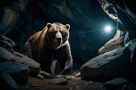 Grizzly bear in a cave. Wildlife scene from nature.の素材