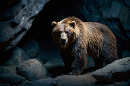 Brown bear in a cave. Wildlife scene from nature. Animal in captivity.の素材