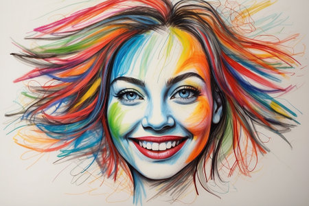 Beautiful girl with creative make-up. Multicolored hair.の素材