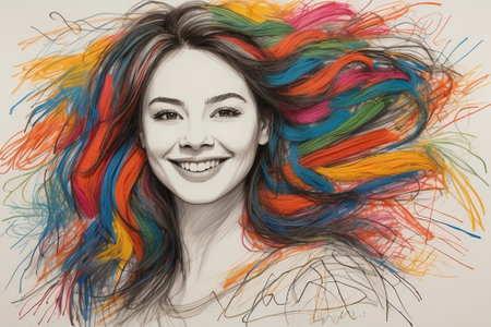 Portrait of a beautiful young woman with long colorful hair. Toned.の素材