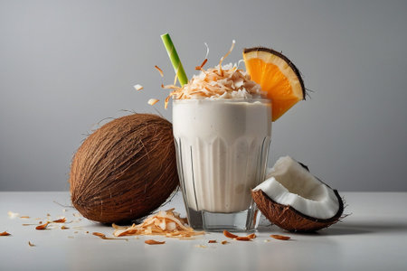 Coconut milk shake with orange and coconut shavings on gray backgroundの素材