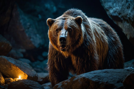 Big brown bear in the cave. Wildlife scene from animal life.の素材