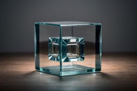 crystal cube on the wooden table with black background, retro styleの素材
