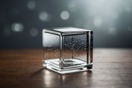 Empty glass cube with water drops on wooden table. Blurred backgroundの素材