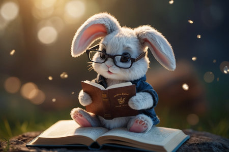 Cute little rabbit with glasses reading a book in the forest.の素材