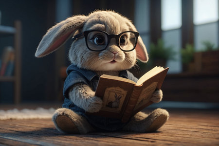 Cute little rabbit wearing eyeglasses reading a book at homeの素材