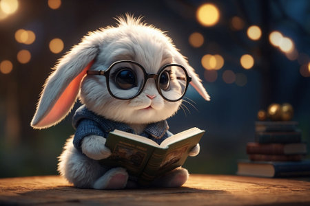 Cute little rabbit with glasses reading a book in the evening.の素材