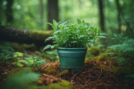 Green plant in a pot on a mossy ground in the forestの素材