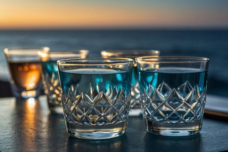 Tequila shot glasses on a table with sea in the backgroundの素材