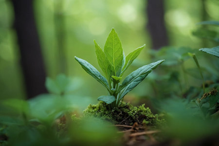 Green plant growing in the forest. Nature background. Close-up.の素材