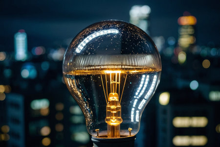 Close up of light bulb with cityscape in the background at nightの素材