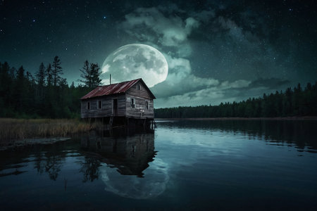Old wooden house on the lake at night with full moon in the skyの素材