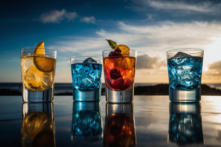 Colorful cocktails on the beach at sunset. Selective focus.の素材