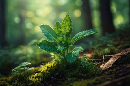 Green plant growing in the forest. Selective focus. Shallow depth of field.の素材