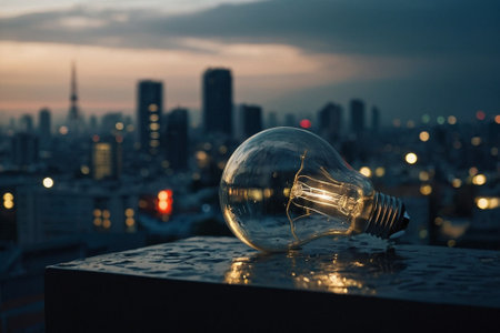 Incandescent light bulb on the roof with the city skyline in the backgroundの素材