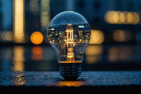Glowing light bulb in city at night. Concept of idea.の素材