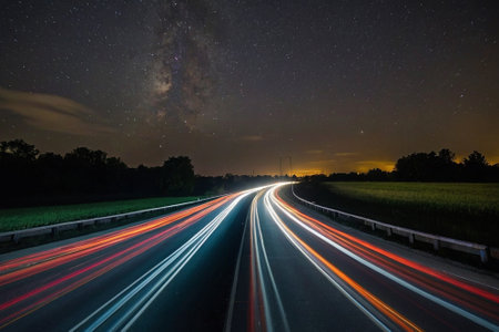 Milky Way over the highway at night. Long exposure photo.の素材