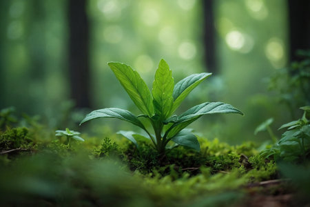 Young green plant growing in the forest. Concept of environmental conservation.の素材