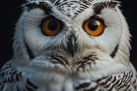 Close up of a Snowy Owl looking at the camera with orange eyesの素材