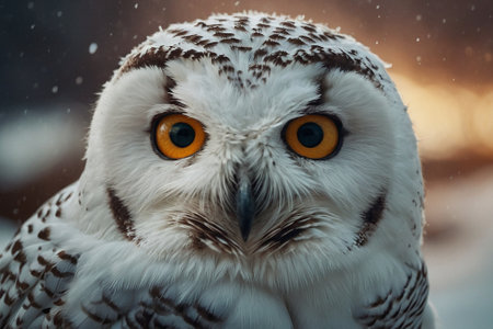 Snowy owl in winter forest. Snowy owl close up.の素材