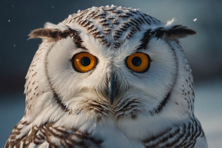 Snowy owl close up portrait with orange eyes. Wildlife scene from nature.の素材
