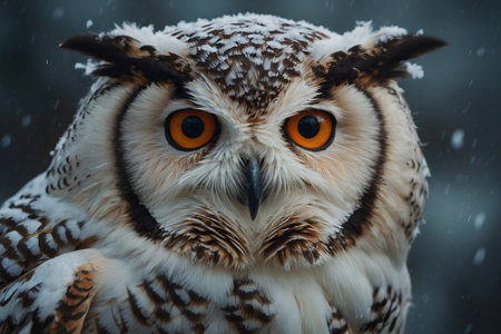 Close up of an owl with orange eyes during a snowfall.の素材