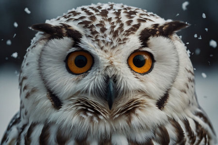 Close-up of an owl with orange eyes in the snow.の素材