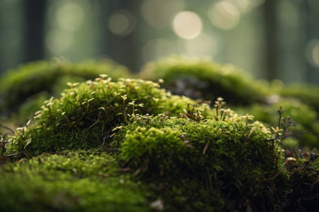 Green moss in the forest. Shallow depth of field. Selective focus.の素材