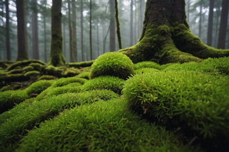 Mossy forest in a foggy day, close-upの素材