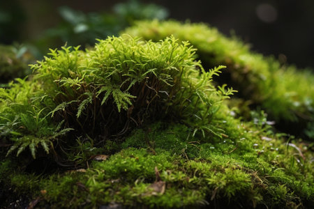 Green moss on a tree trunk in the forest. Selective focus.の素材