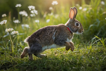 Rabbit running on the grass with daisies in the backgroundの素材