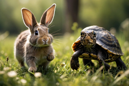 Rabbit and baby tortoise on green grass in the garden.の素材