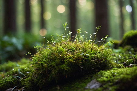 Green moss in the forest with bokeh background, close upの素材