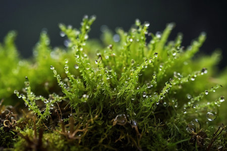 Green moss with raindrops on a dark background. Close-up.の素材