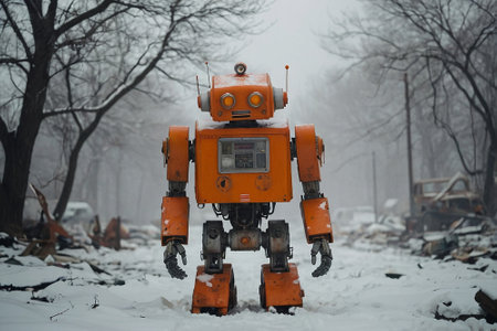Old orange robot in the winter forest. Artificial intelligence. Industrial robot.の素材
