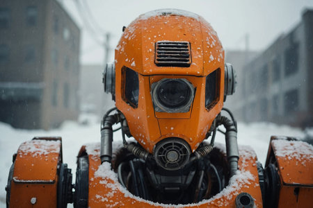 Close-up of a snow removal machine in the city during a snowfallの素材