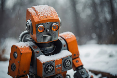 Orange robot toy in the snow on a background of a winter forestの素材