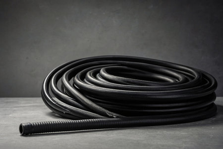 Black plastic hose on concrete background. Close up. Copy space.の素材