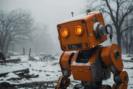 Abandoned industrial robot working in the winter forest. Industrial robot manipulator.の素材