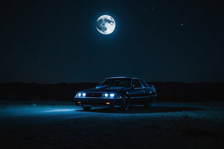 Old car on the road at night with full moon in the backgroundの素材