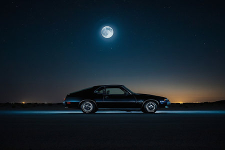 Luxury car in the desert at night with full moon.の素材