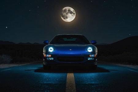 Luxury car on the road at night with full moon.の素材