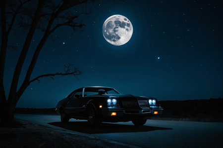 Old car on the road at night with full moon in the backgroundの素材