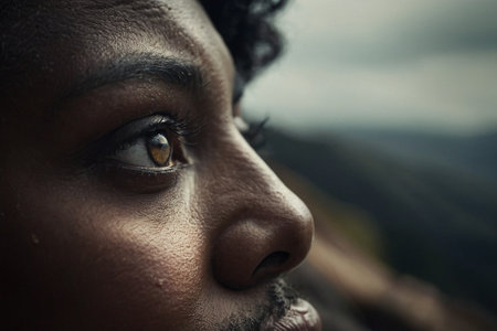 Close up portrait of a beautiful Indian woman with black hair and brown eyesの素材