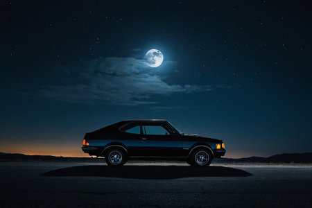 Black retro car on the road at night with full moon in the backgroundの素材