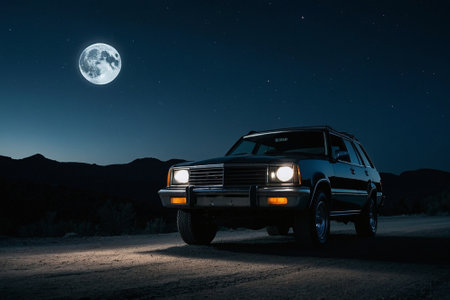 Old car on road at night with full moon in the sky.の素材