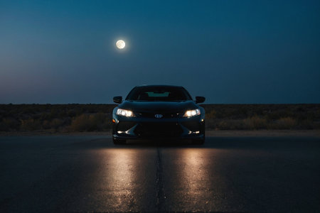 Car on the road at night with full moon in the background.の素材