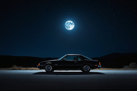 Black car on the road at night with full moon in the backgroundの素材