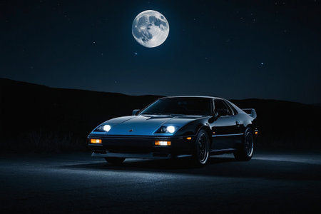 Classic car on the road at night with full moon in the backgroundの素材