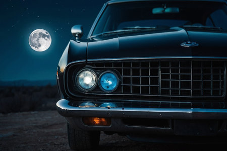 Vintage car on the road at night with full moon and starsの素材